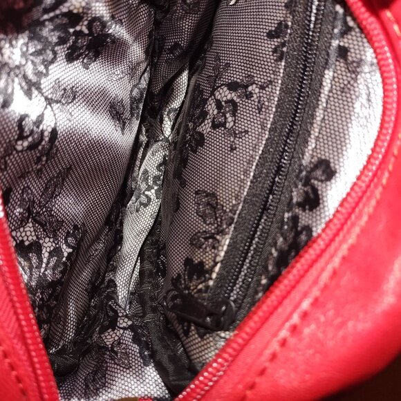 Red Spiral Zipper Round Crossbody Bag W/Adjustable Strap & Lace-Lined Interior - Picture 3 of 4